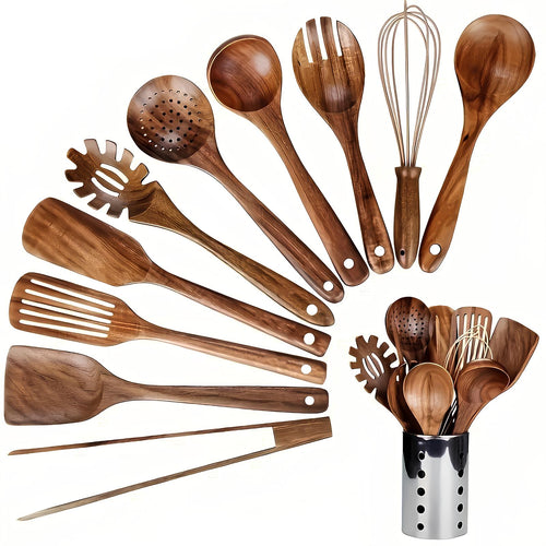 11-Piece Teak Kitchen Utensil Set with Wooden Holder