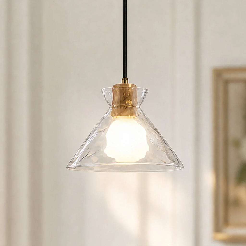 Hammered Clear Glass Dome Pendant Light with Wood Accents