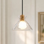 Hammered Clear Glass Dome Pendant Light with Wood Accents