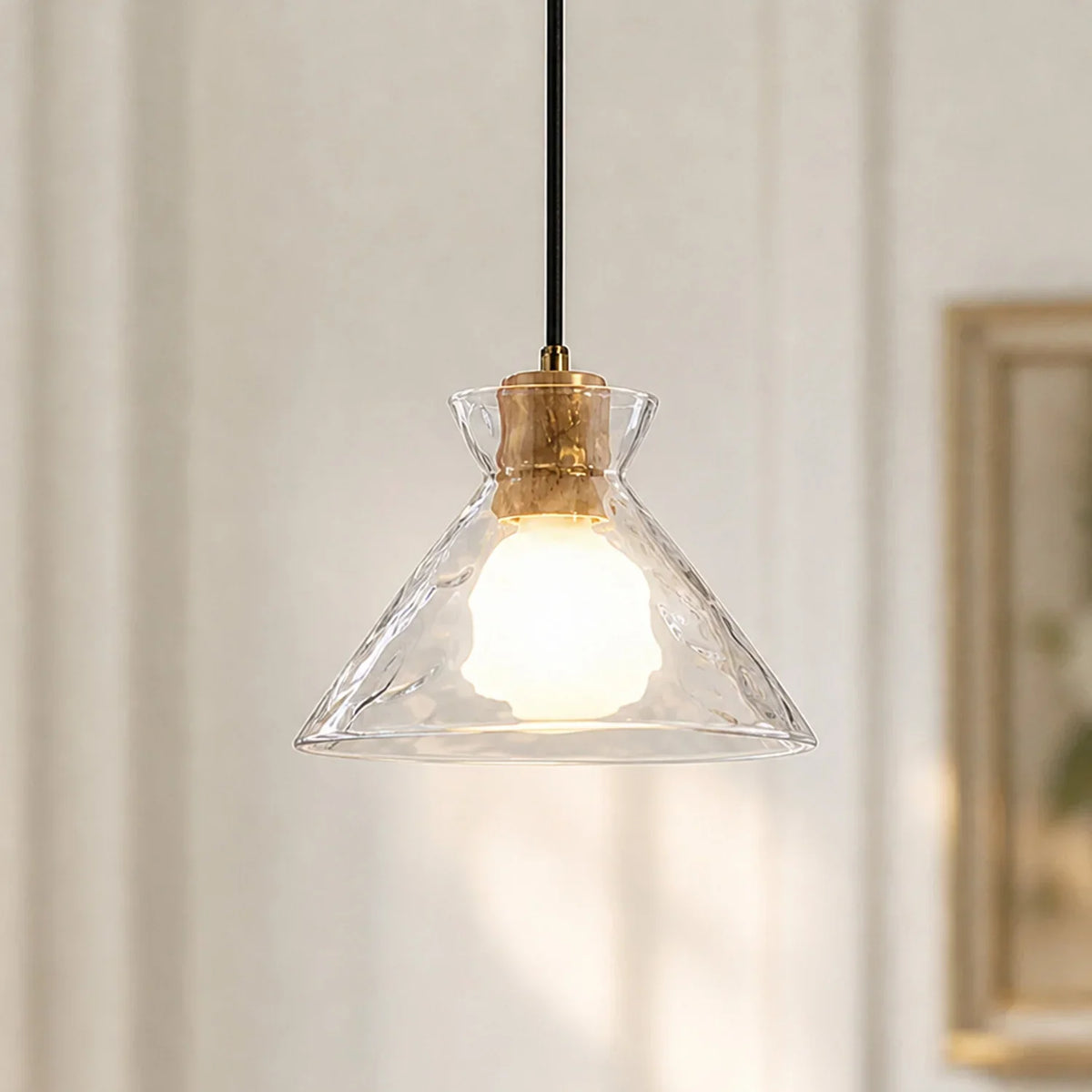 Hammered Clear Glass Dome Pendant Light with Wood Accents