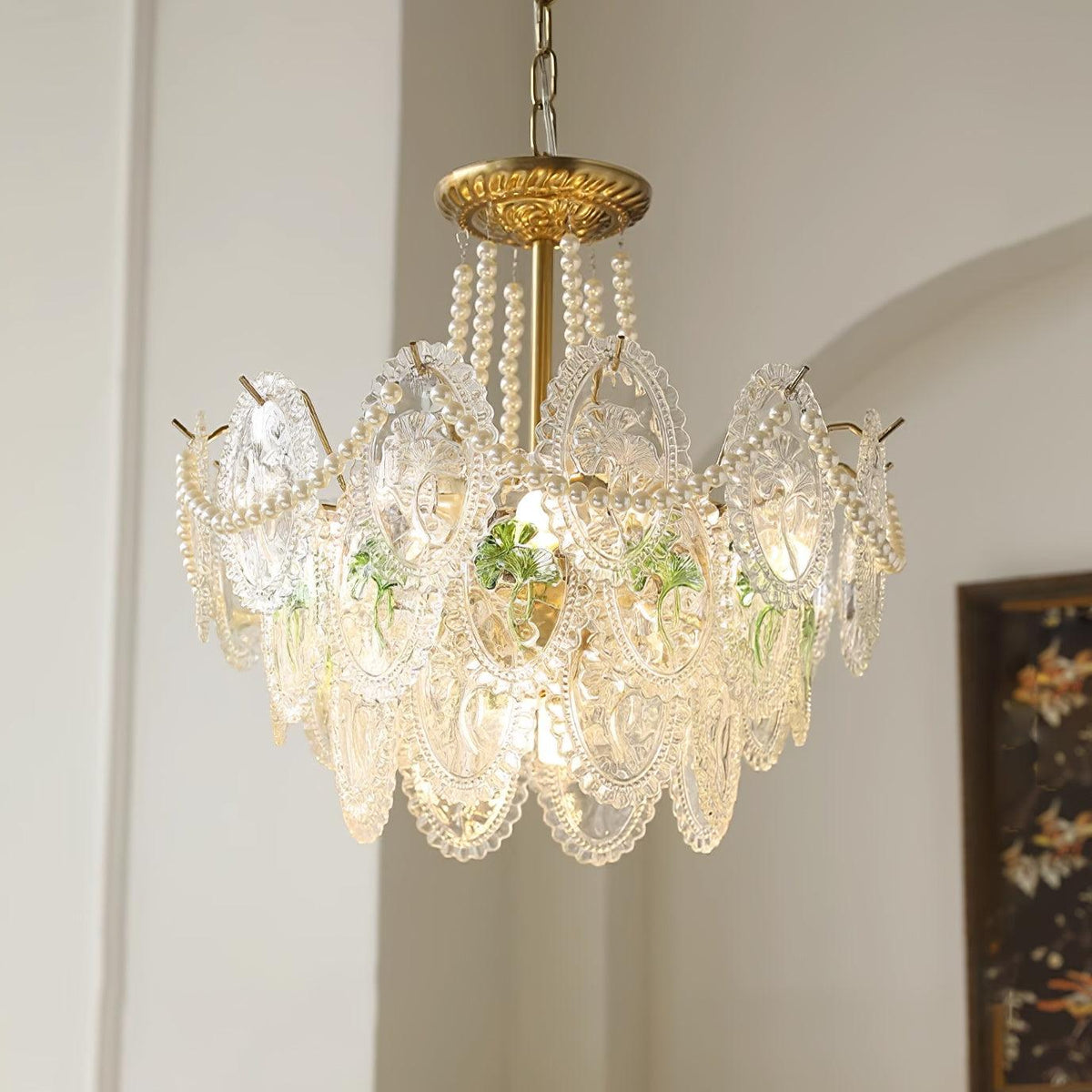 Glass Bead Chandelier with Gold-Effect Frame, 3 or 4 Tiers