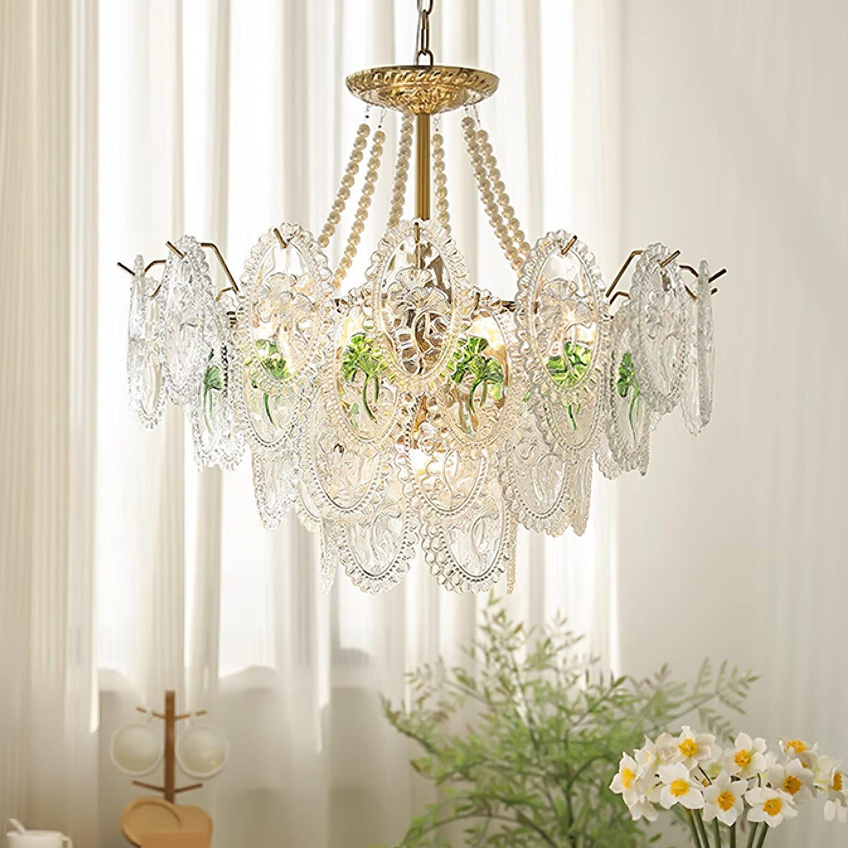 Glass Bead Chandelier with Gold-Effect Frame, 3 or 4 Tiers