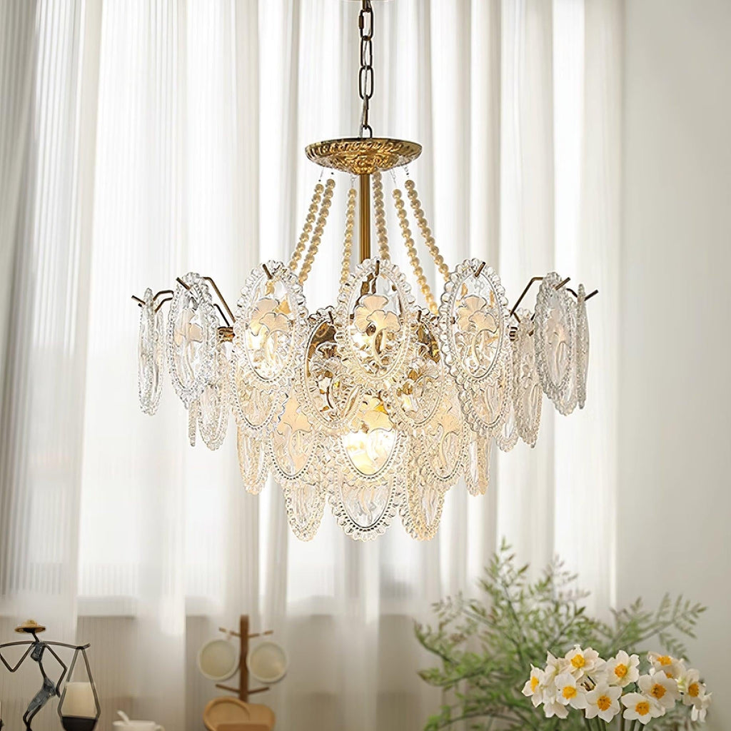 Glass Bead Chandelier with Gold-Effect Frame, 3 or 4 Tiers