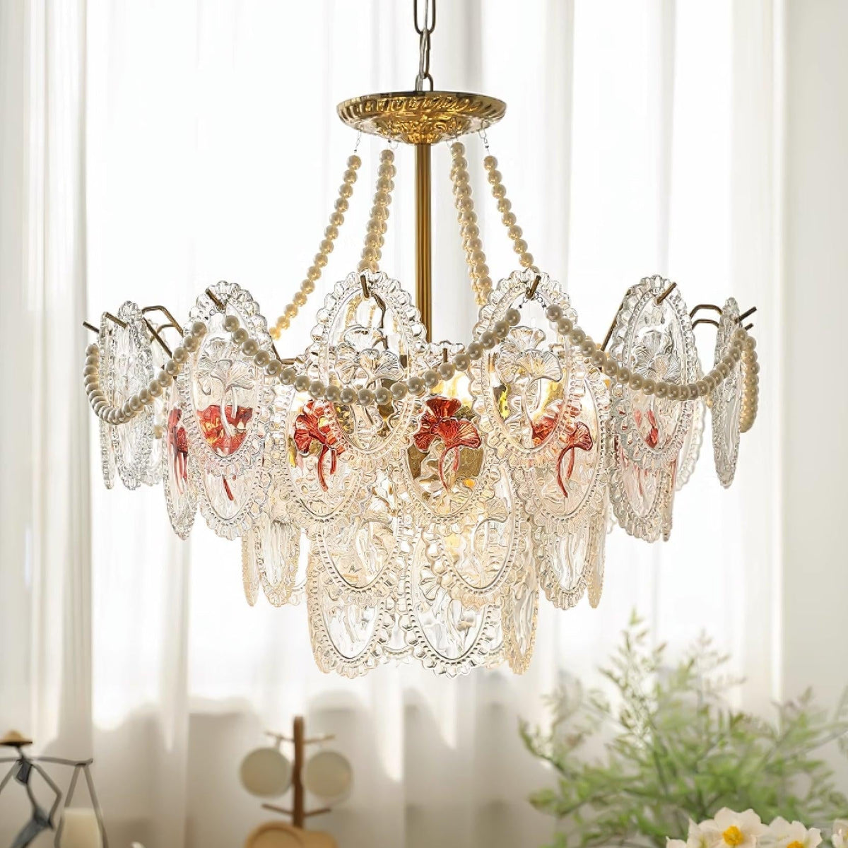 Glass Bead Chandelier with Gold-Effect Frame, 3 or 4 Tiers
