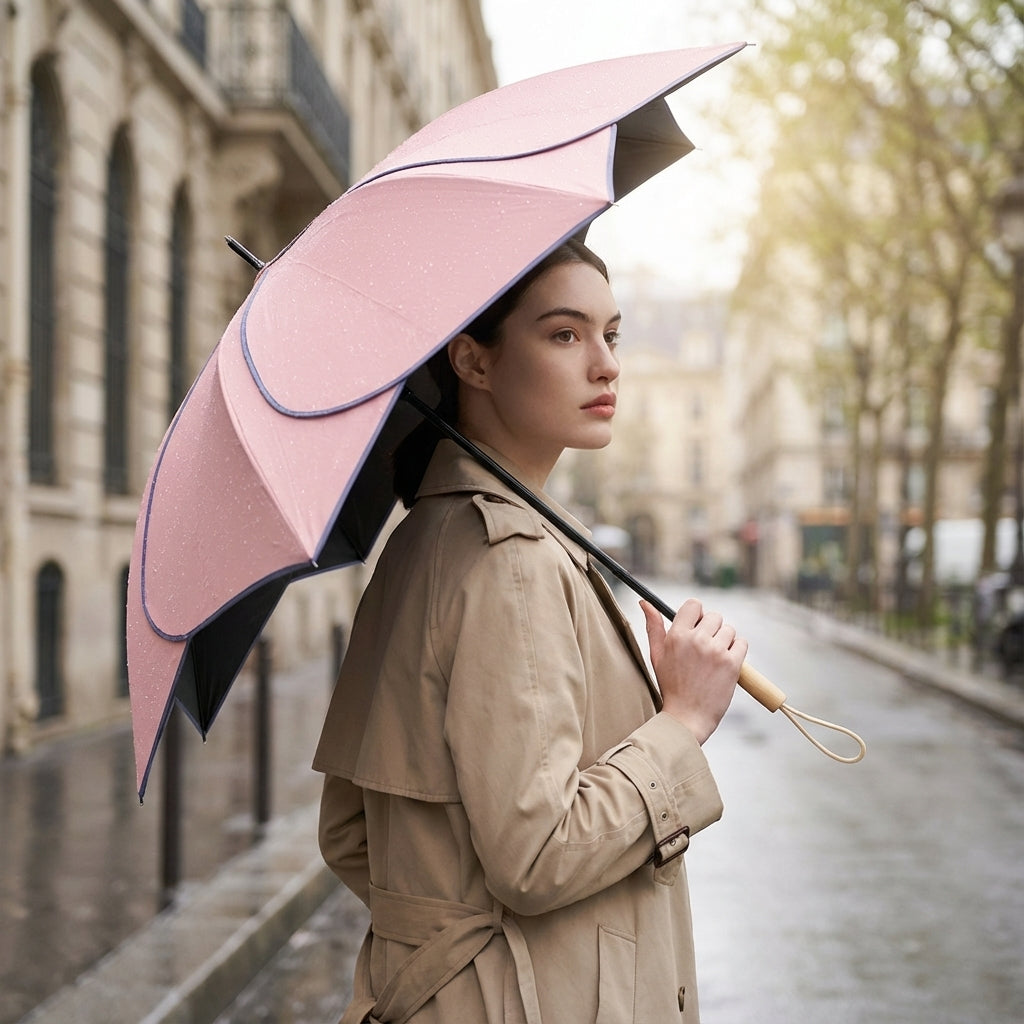 Flower-Shaped Umbrella with Wooden Handle, UV Coated