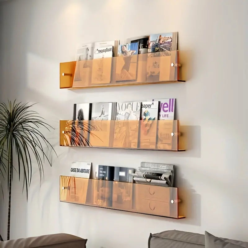 Clear Wall-Mounted Magazine Rack Shelf, 40 x 3.5 x 15cm