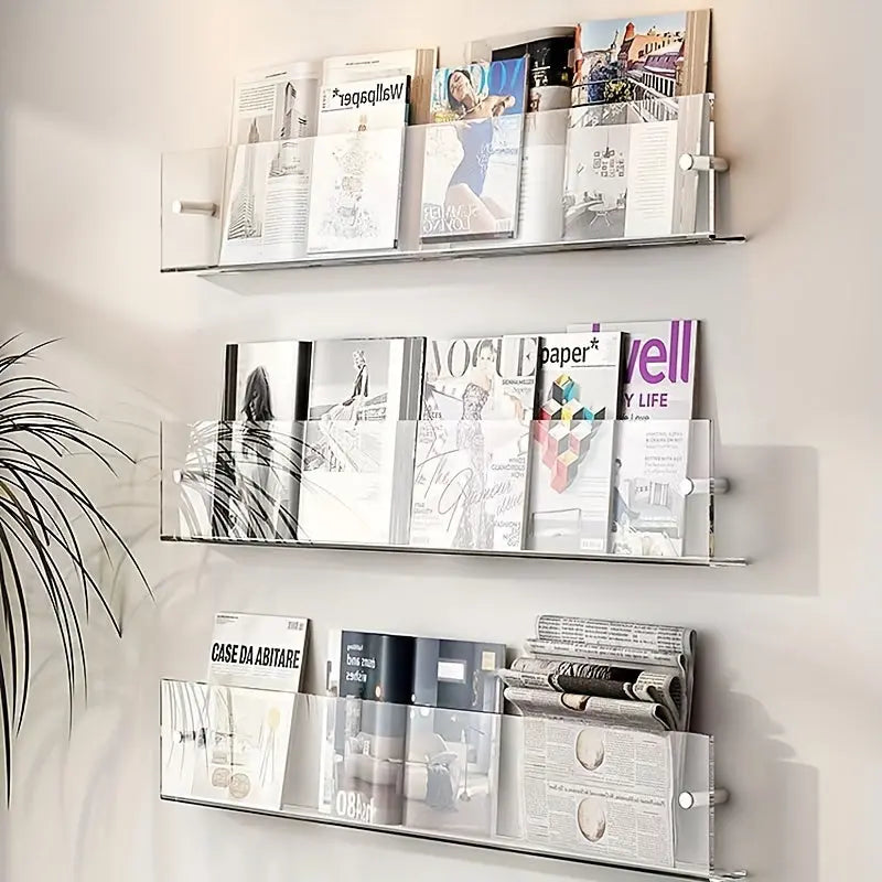 Clear Wall-Mounted Magazine Rack Shelf, 40 x 3.5 x 15cm