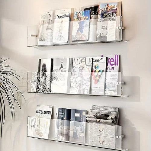 Clear Wall-Mounted Magazine Rack Shelf, 40 x 3.5 x 15cm