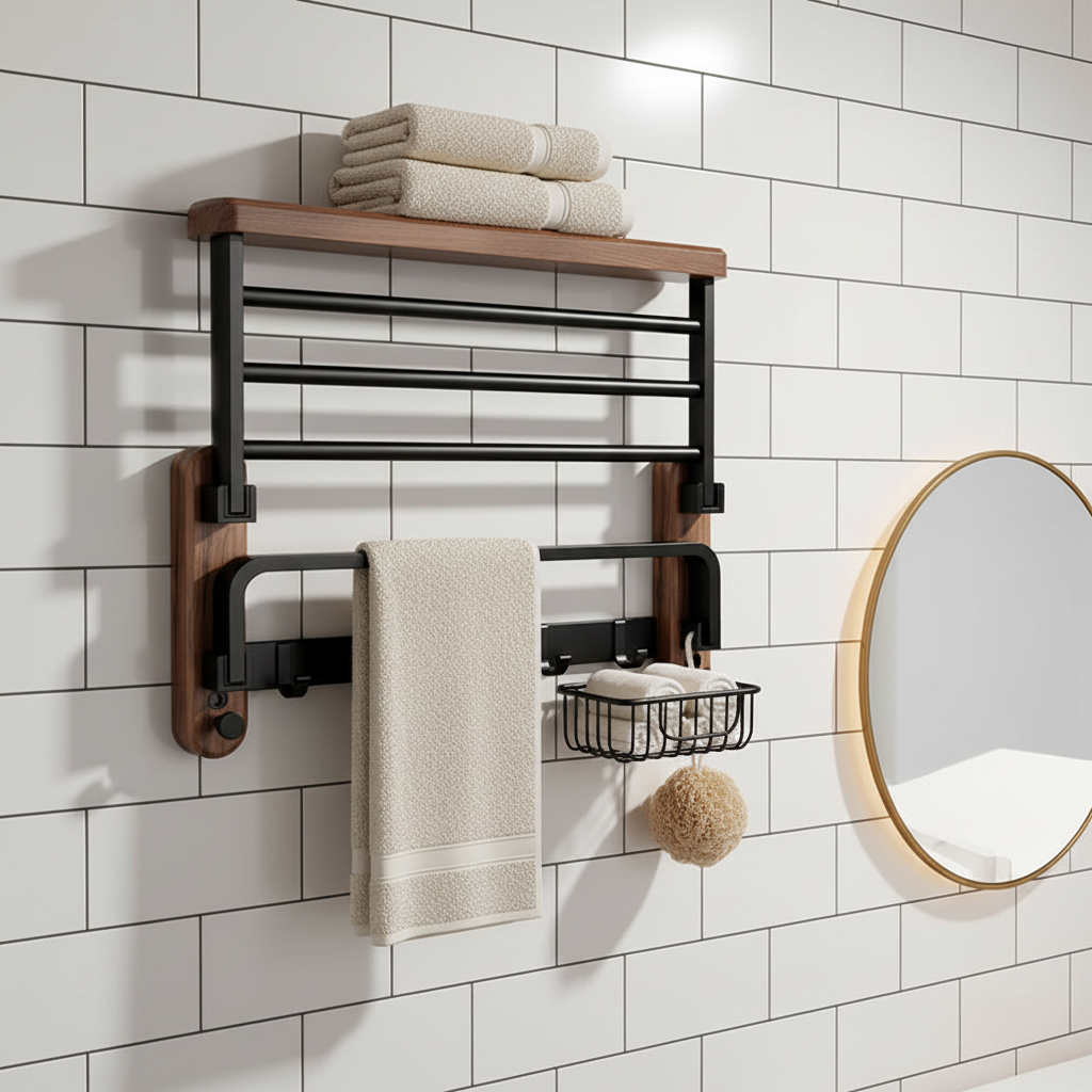Walnut and Aluminium Wall Shelf for Towels, 50 or 60 cm