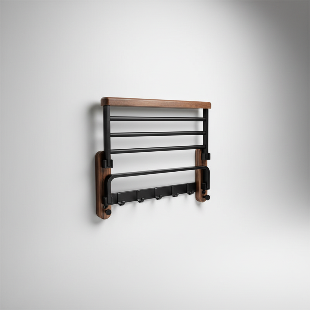 Walnut and Aluminium Wall Shelf for Towels, 50 or 60 cm