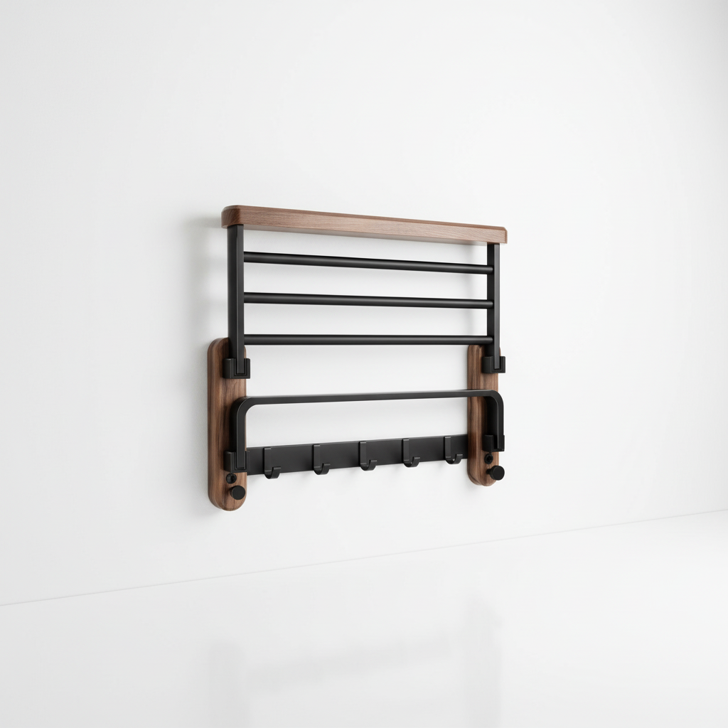 Walnut and Aluminium Wall Shelf for Towels, 50 or 60 cm