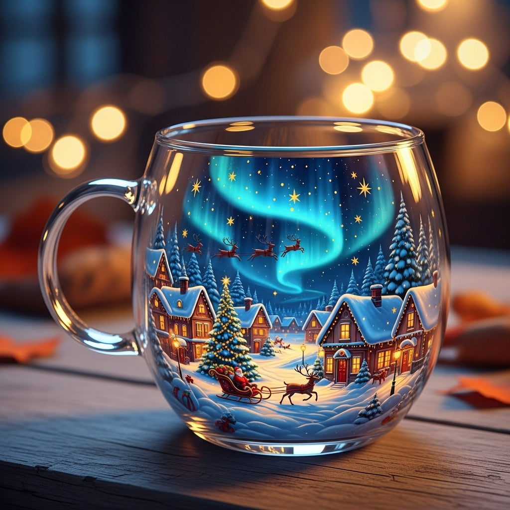 Hand-Painted Glass Christmas Mug with Winter Motif and Handle