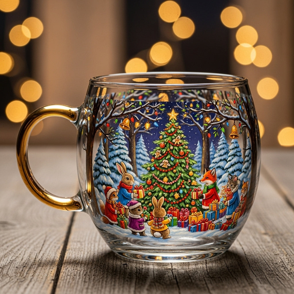 Hand-Painted Glass Christmas Mug with Winter Motif and Handle
