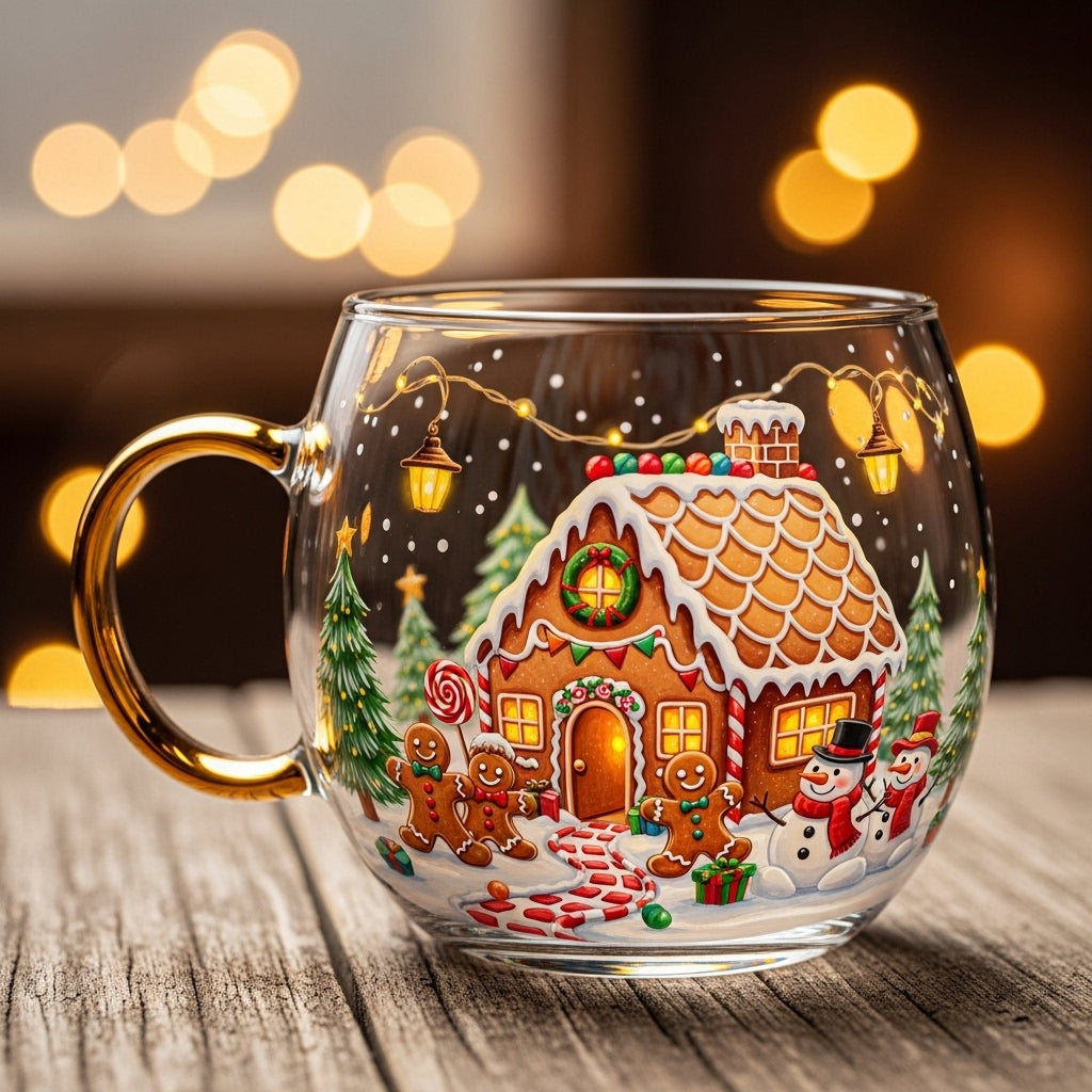 Hand-Painted Glass Christmas Mug with Winter Motif and Handle