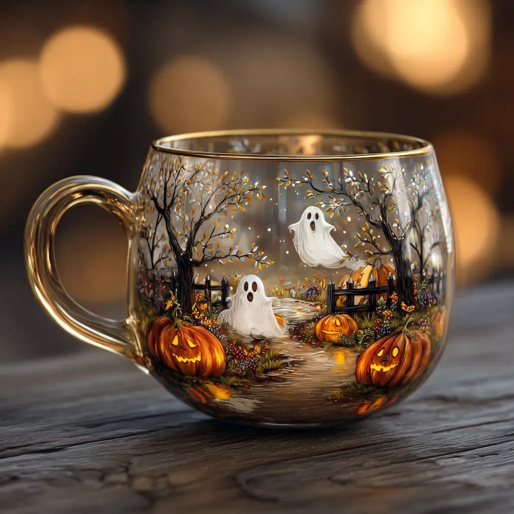 Hand-Painted Glass Christmas Mug with Winter Motif and Handle