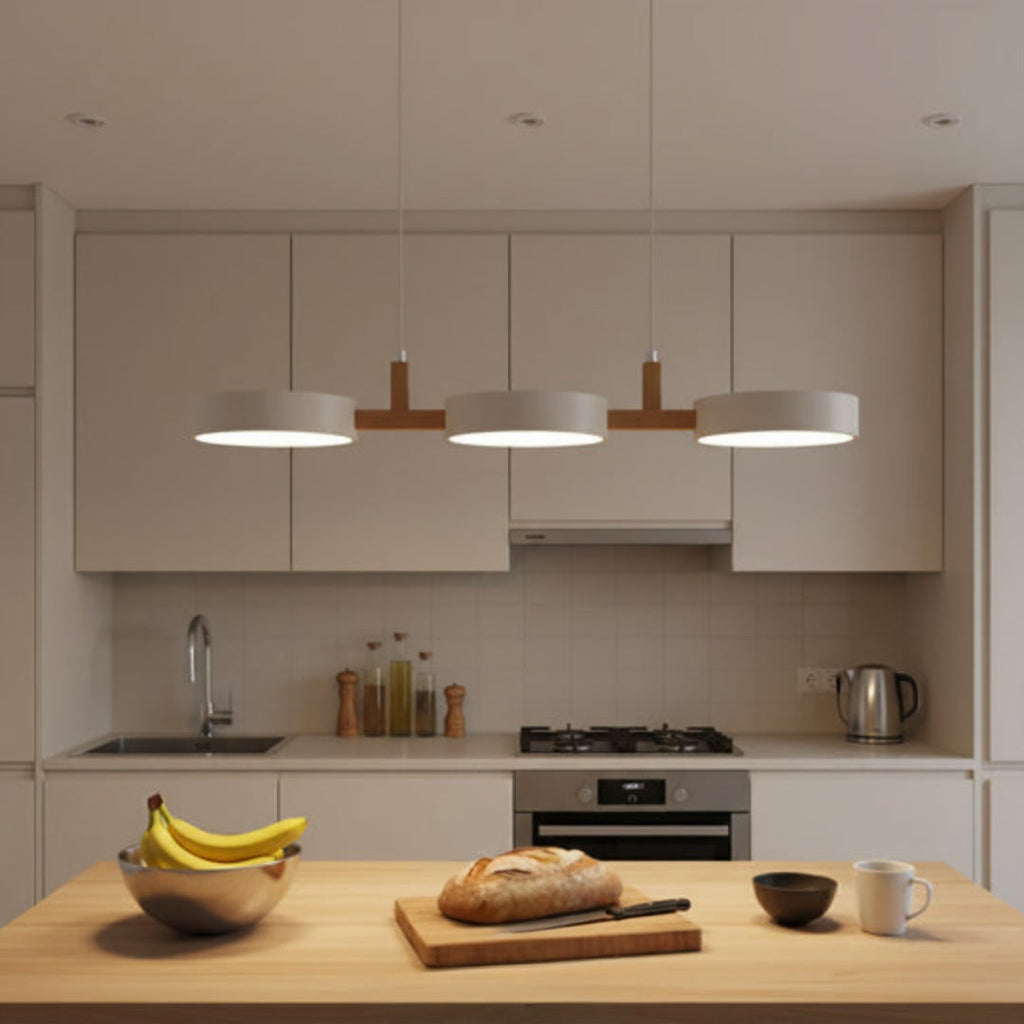 Round LED Pendant Light with Wood Details, 77 cm
