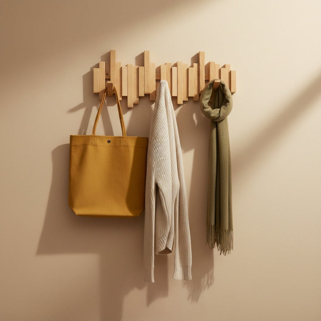 Folding Wall Coat Rack in Solid Wood, Piano Key Design