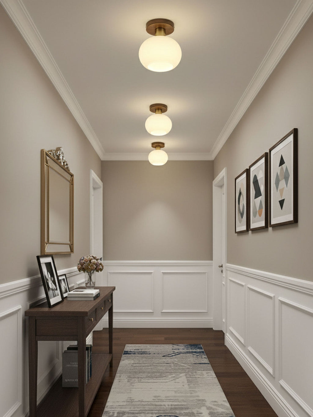 Walnut and Copper Ceiling Light with Opal Glass Globe, 18 cm