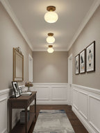 Walnut and Copper Ceiling Light with Opal Glass Globe, 18 cm