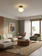 Walnut and Copper Ceiling Light with Opal Glass Globe, 18 cm