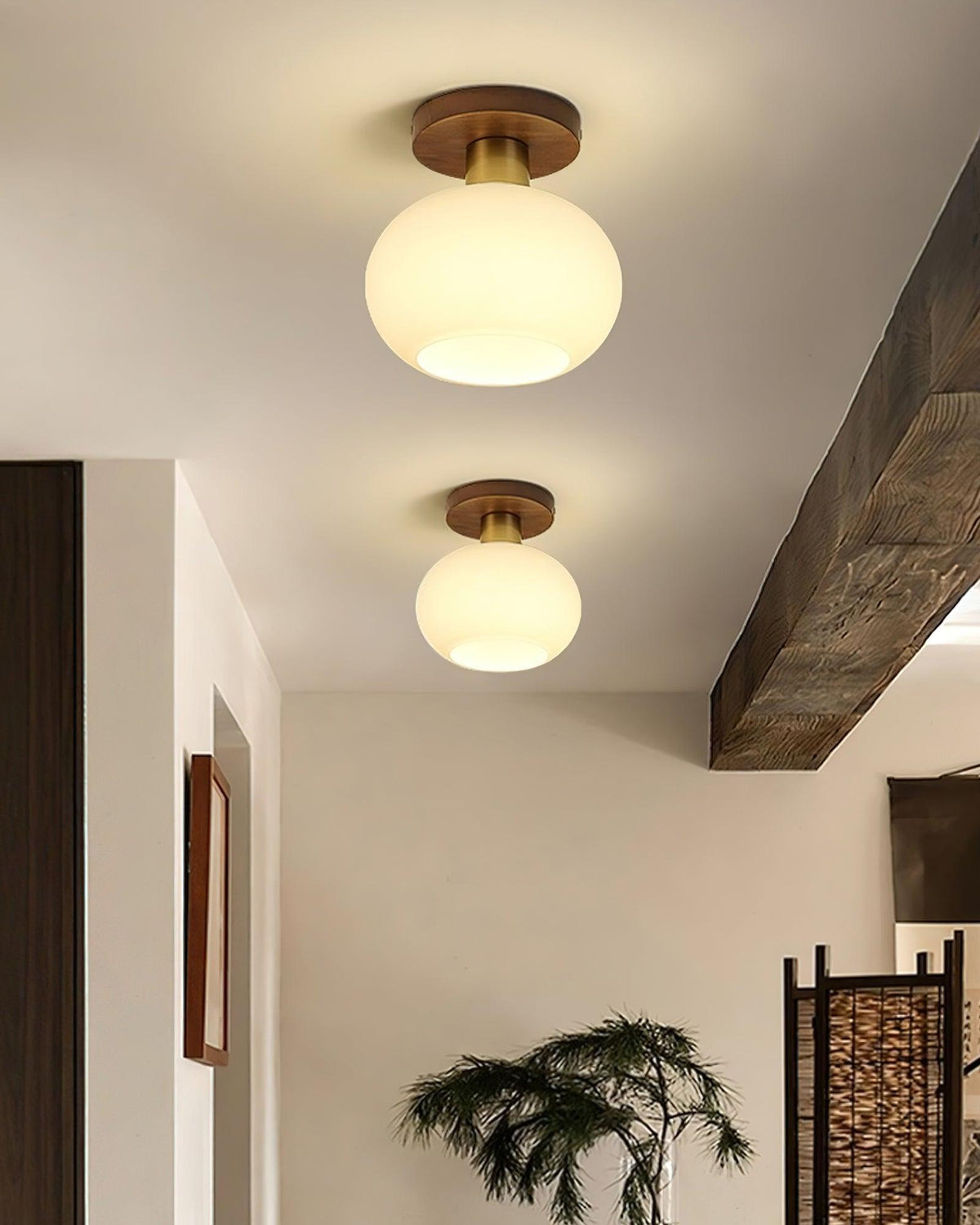 Walnut and Copper Ceiling Light with Opal Glass Globe, 18 cm