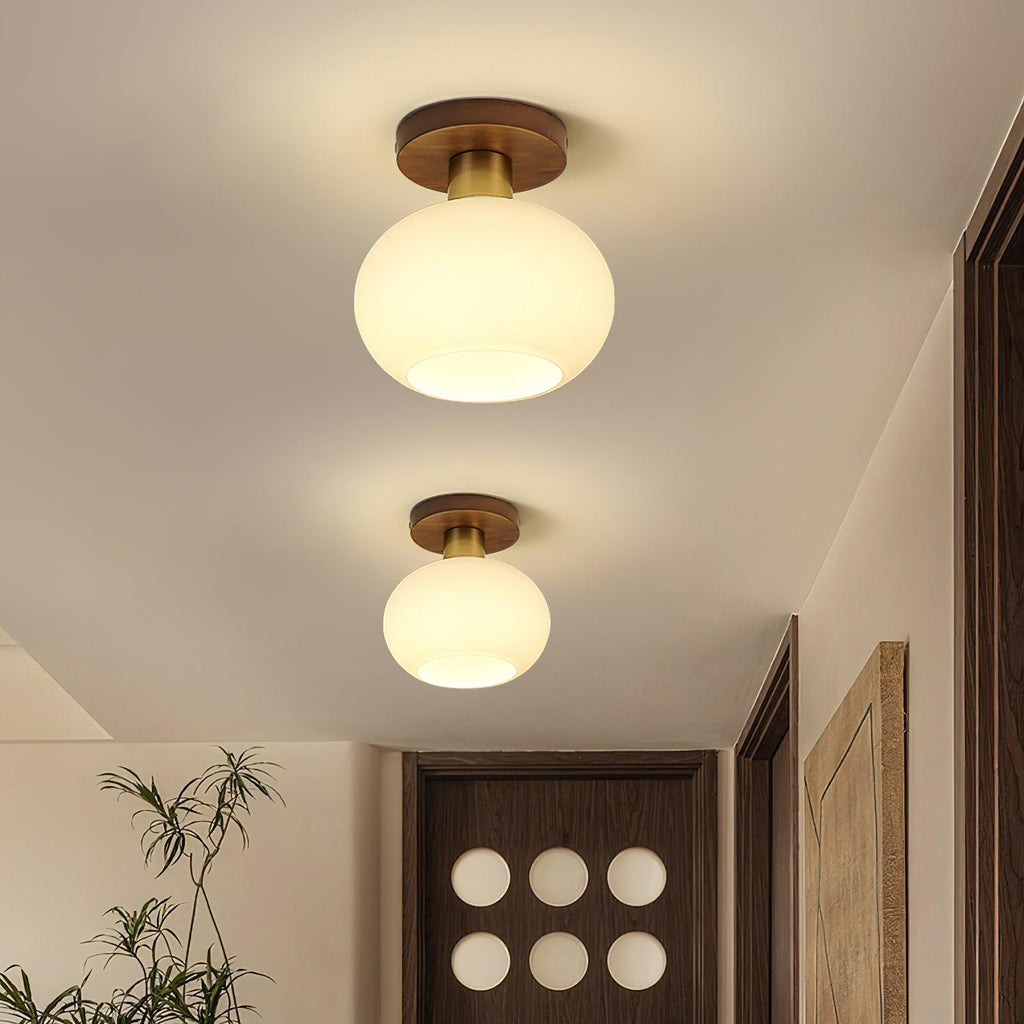 Walnut and Copper Ceiling Light with Opal Glass Globe, 18 cm