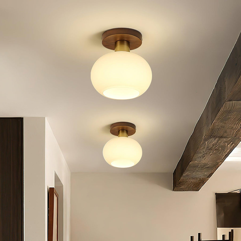 Walnut and Copper Ceiling Light with Opal Glass Globe, 18 cm