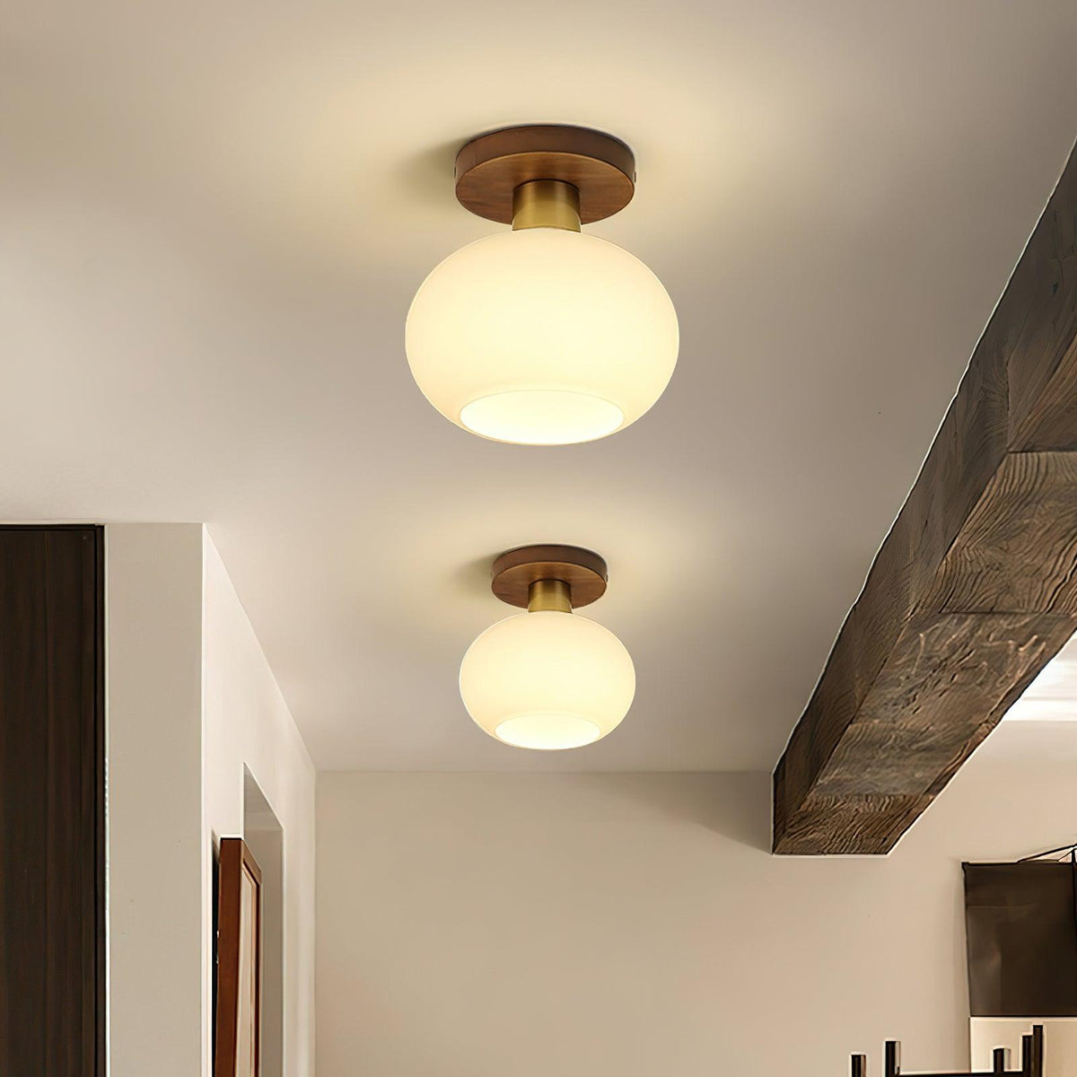 Walnut and Copper Ceiling Light with Opal Glass Globe, 18 cm