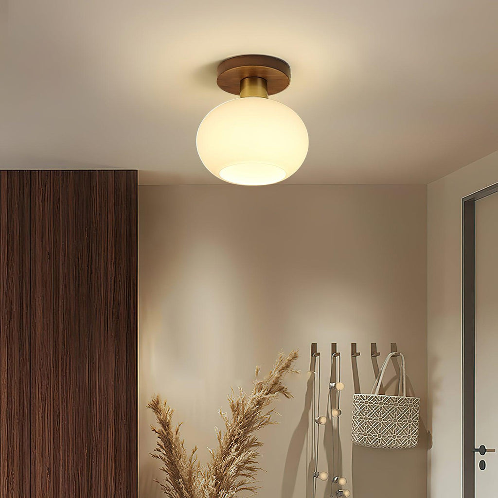 Walnut and Copper Ceiling Light with Opal Glass Globe, 18 cm