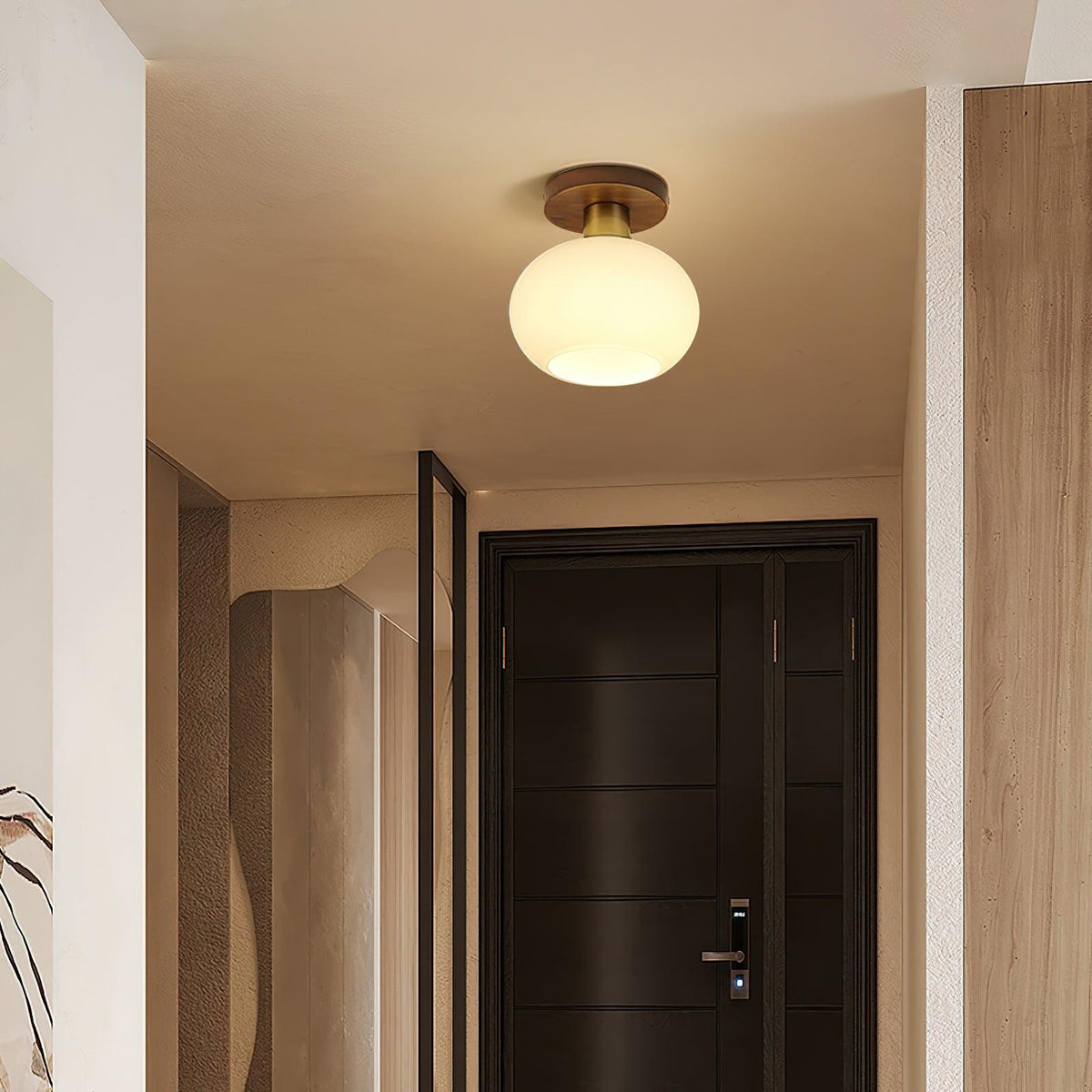 Walnut and Copper Ceiling Light with Opal Glass Globe, 18 cm