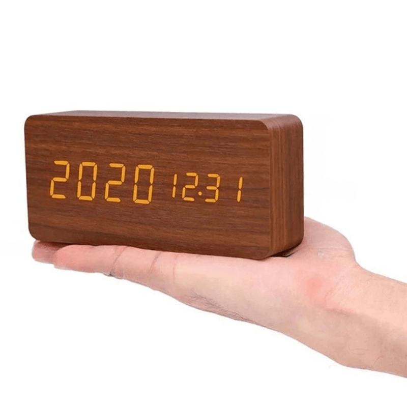 Wooden Digital Desk Clock with Sound Activation, LED Display