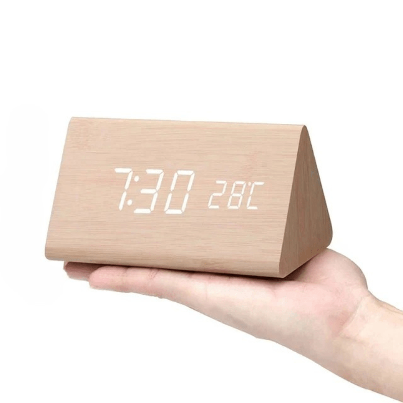 Wooden Digital Desk Clock with Sound Activation, LED Display