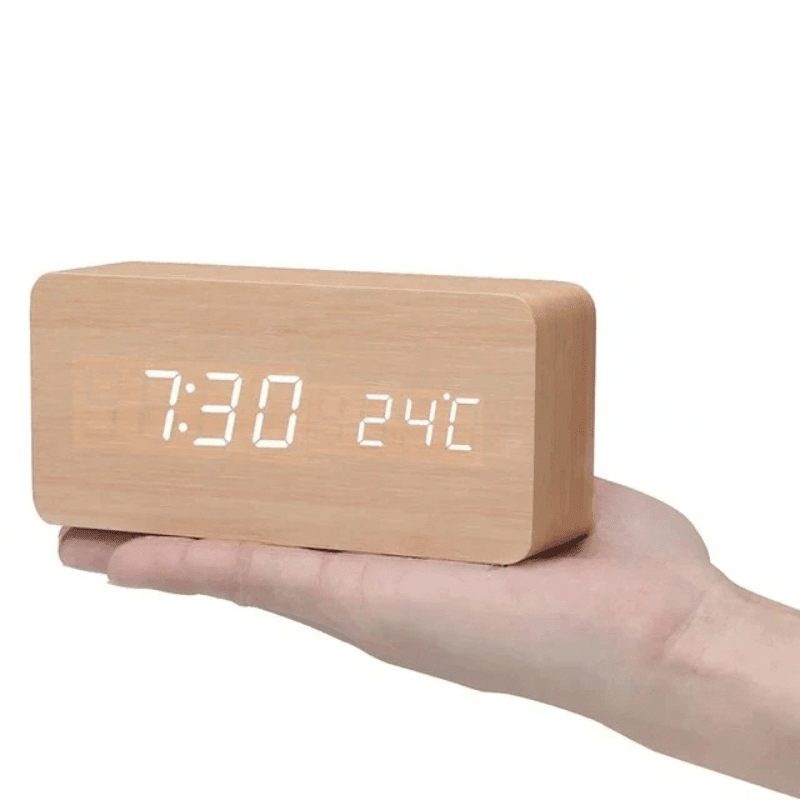 Wooden Digital Desk Clock with Sound Activation, LED Display