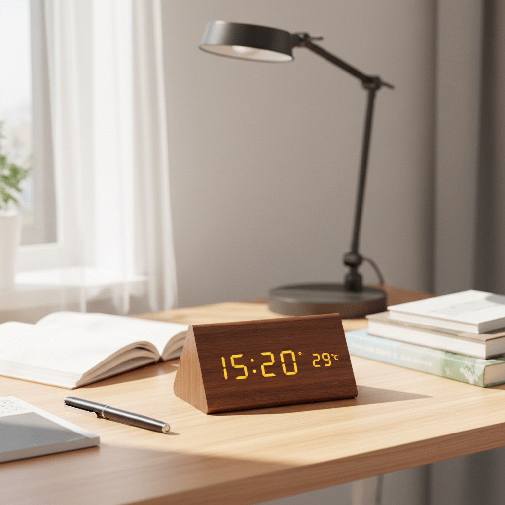 Wooden Digital Desk Clock with Sound Activation, LED Display