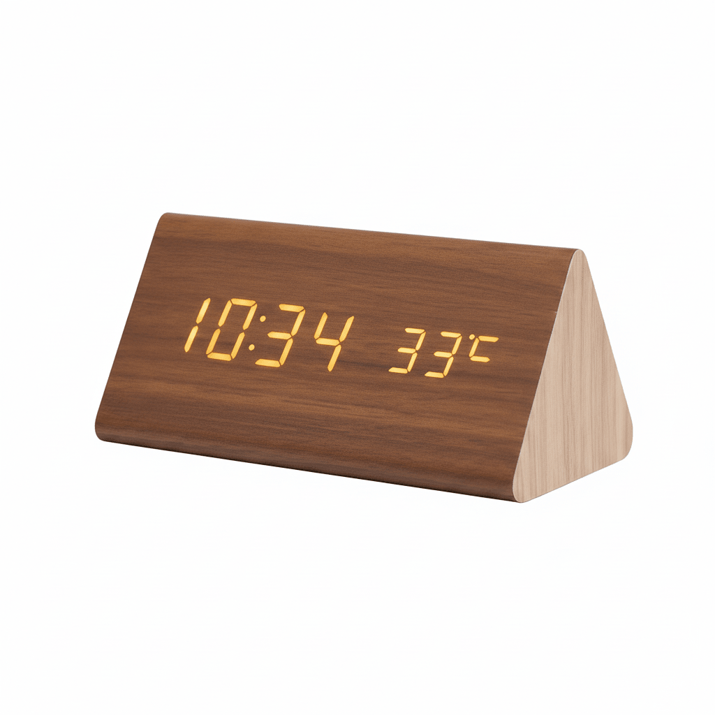 Wooden Digital Desk Clock with Sound Activation, LED Display