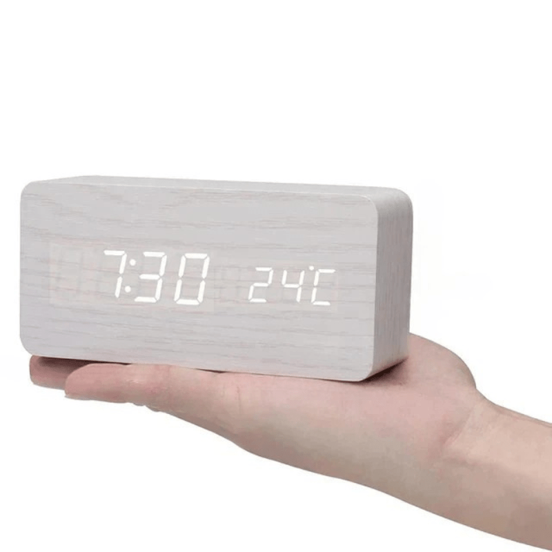 Wooden Digital Desk Clock with Sound Activation, LED Display