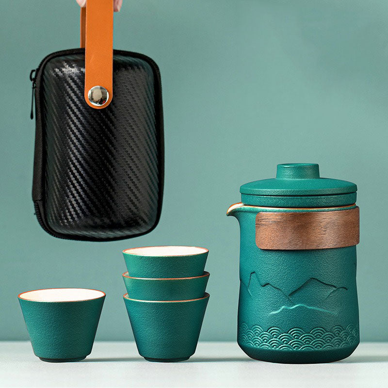 Compact Ceramic Travel Tea Set with Teapot, 4 Cups and Bag