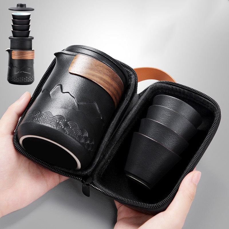 Compact Ceramic Travel Tea Set with Teapot, 4 Cups and Bag
