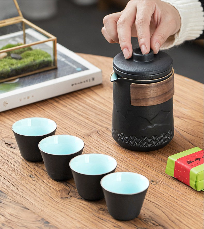 Compact Ceramic Travel Tea Set with Teapot, 4 Cups and Bag