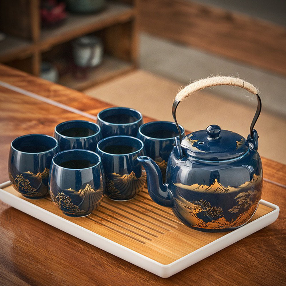 Porcelain Gongfu Tea Set with Tray, 8 Pieces, Blue Landscape