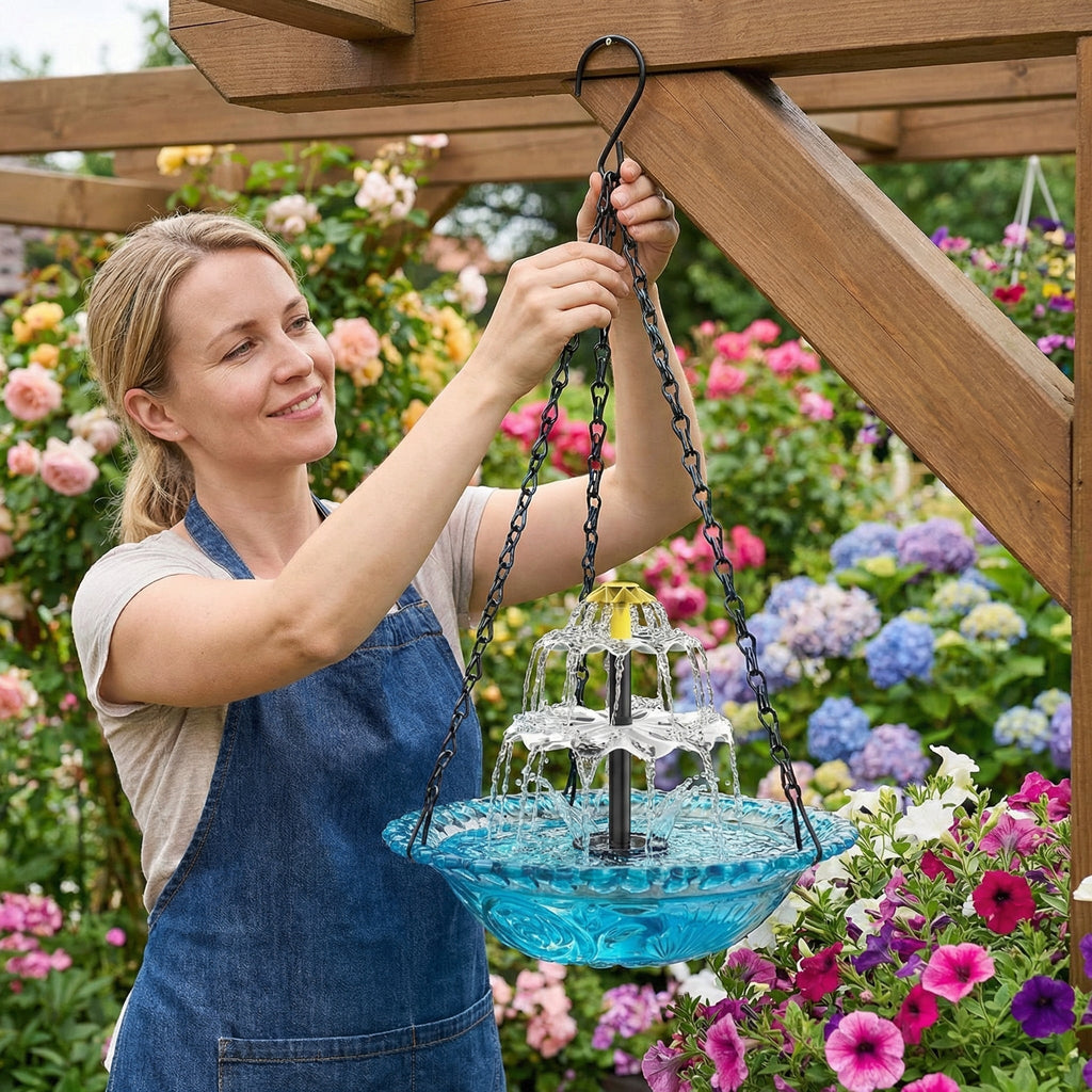 Solar Hanging Bird Bath Fountain, Two-Tier Glass and Metal