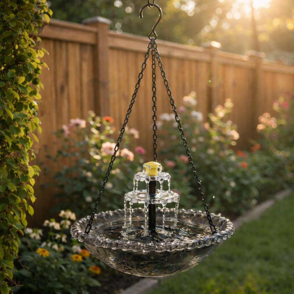 Solar Hanging Bird Bath Fountain, Two-Tier Glass and Metal