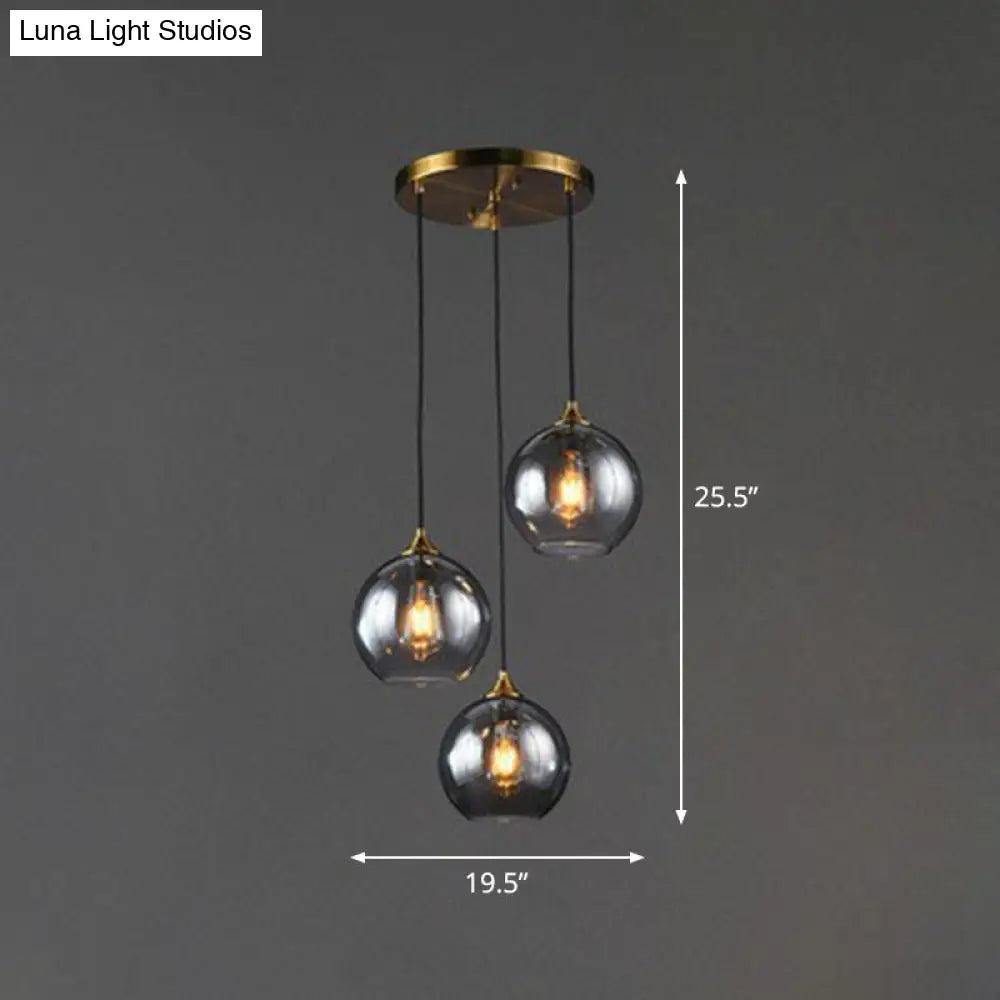 3-Light Glass Globe Pendant Light, Antique Brass Finish