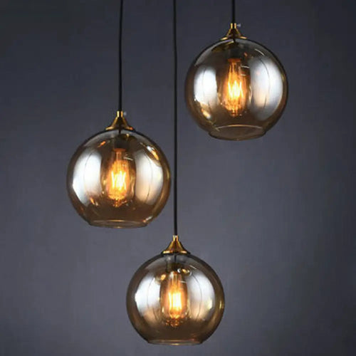 3-Light Glass Globe Pendant Light, Antique Brass Finish