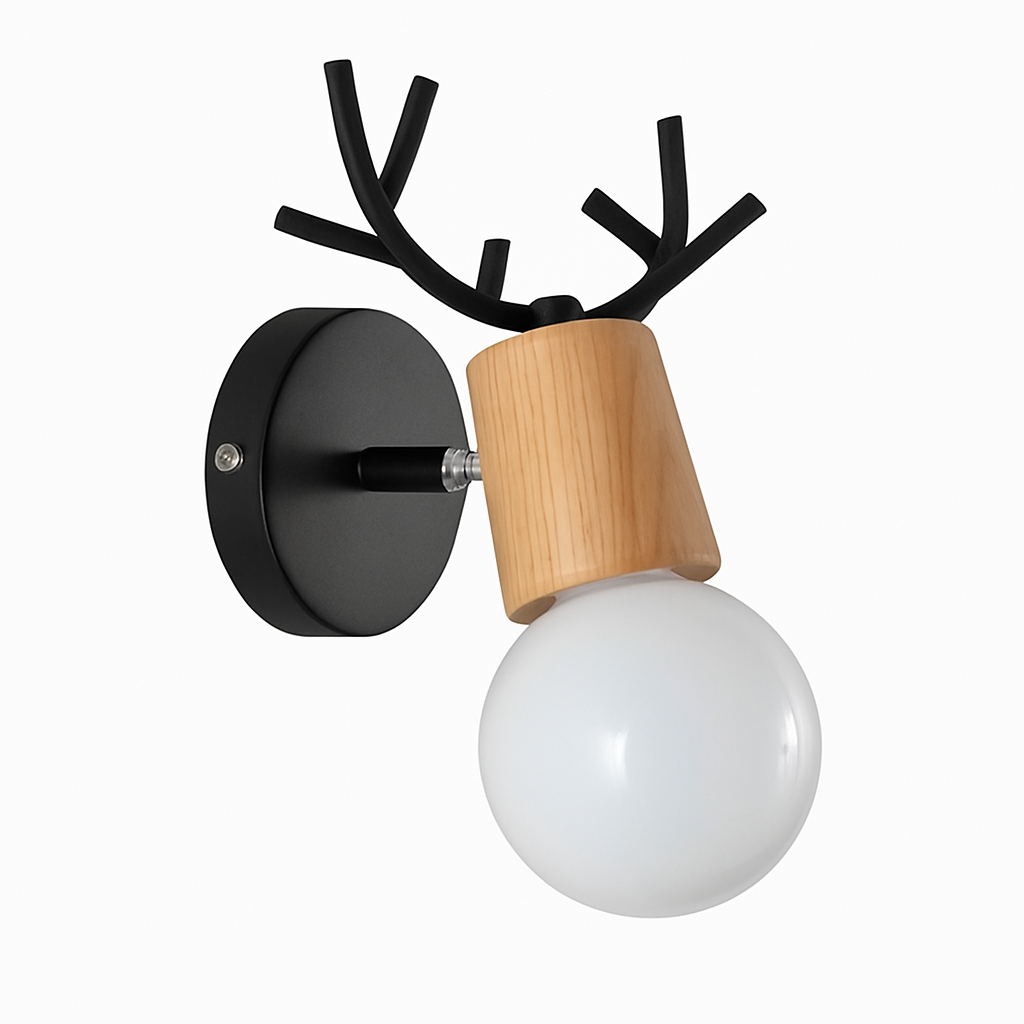 Stag Antler Wall Light in Metal and Wood, E27