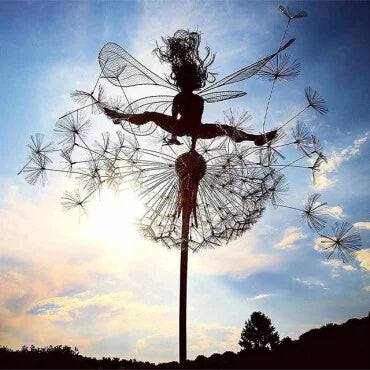 Metal Fairy with Dandelion Garden Ornament, Weather-Resistant