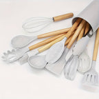 12-Piece Silicone Utensil Set with Wooden Handles, 9 Colours