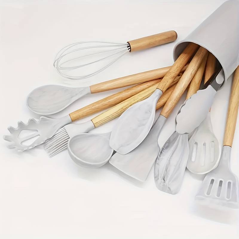 12-Piece Silicone Utensil Set with Wooden Handles, 9 Colours