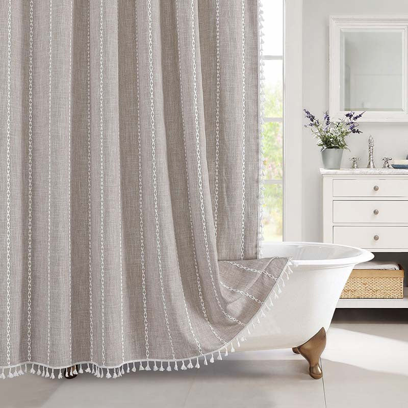 Boho Tasselled Shower Curtain, Waterproof Linen-Weave Jacquard