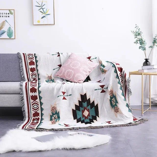 Jacquard Woven Throw with Plaited Fringes, 130 x 160 cm